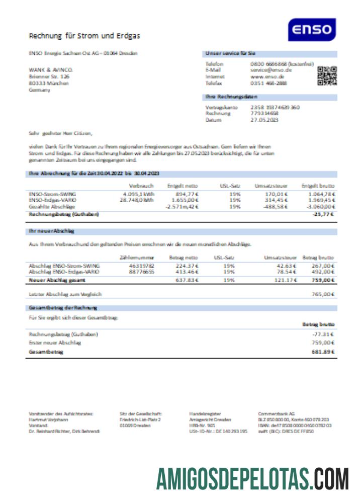 Conta de negócios de serviços públicos de eletricidade ENSO SCR amostra